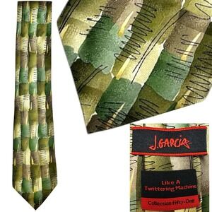 Jerry Garcia Tie Like A Twittering Machine Green Brown Gold Silk 90s Art Necktie